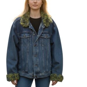 Outdoor Expedition‎ Blue Denim Jacket with Green Fur Trim